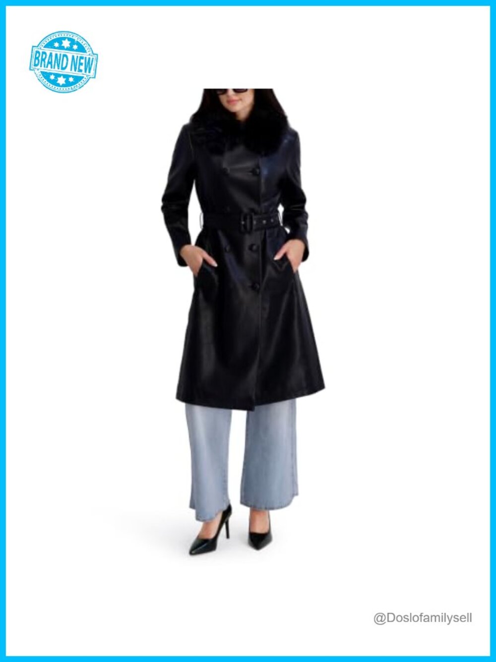 Faux Leather & Faux Fur Belted Trench Coat Notched Collar
